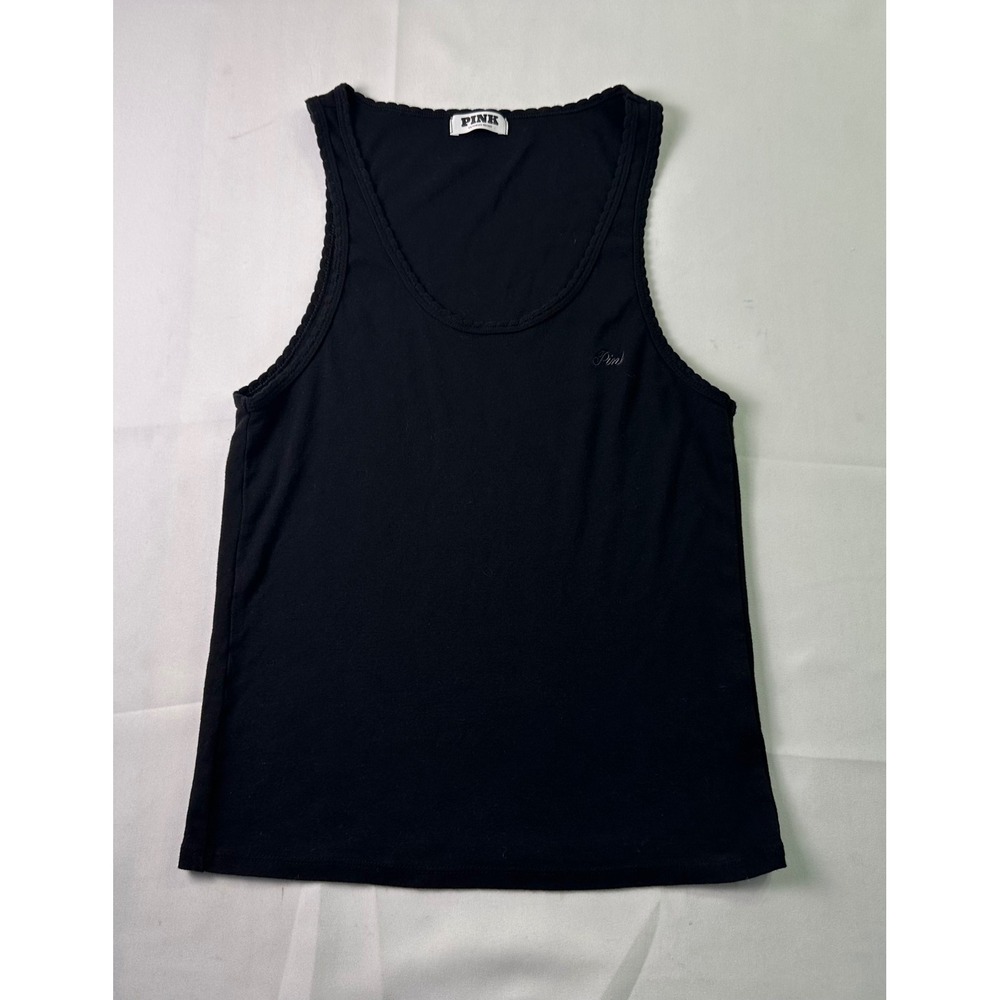 Victoria's Secret PINK Tank Top Medium Black 100%‎ Cotton Scoop Neck Embroidered